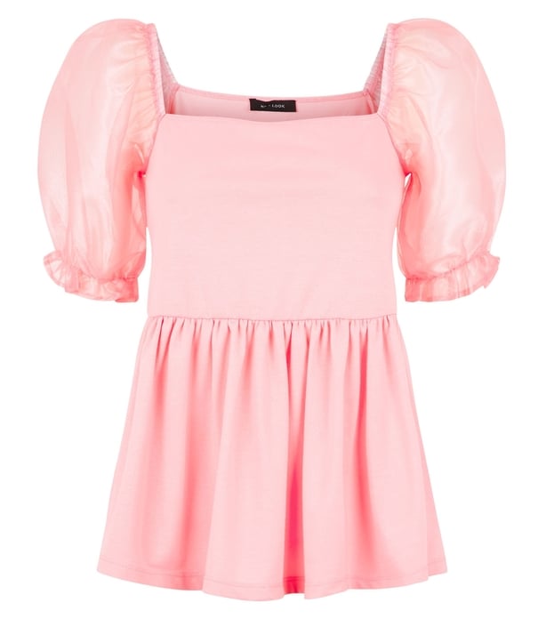 New Look Pink Organza Puff Sleeve Peplum Top