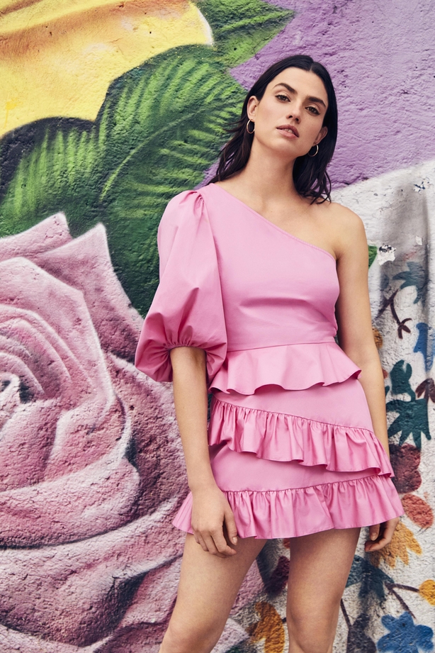 Miss Selfridge Pink Poplin 1 Shoulder Blouse; Pink Poplin Ruffle Mini Skirt