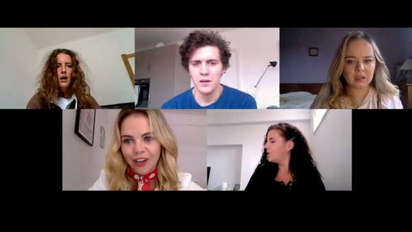 The cast of Derry Girls preparing for their Zoom chat with Saoirse Ronan