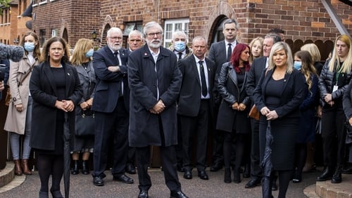 Mary Lou McDonald, Gerry Adams and Michelle O'Neill pictured at Bobby Storey's funeral