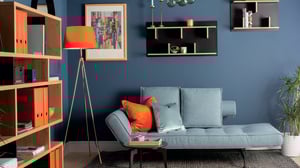 A strong colour choice, mixed with playful orange accents and a unique furnishings create this modern home office designed by Helena Cousins of Zinc Interiors. A strong colour choice, mixed with playful orange accents and a unique furnishings create this modern home office designed by Helena Cousins of Zinc Interiors.