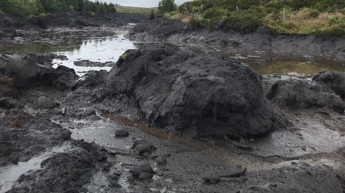 Thick deposits of peat and sludge settled on surrounding farmland and forestry