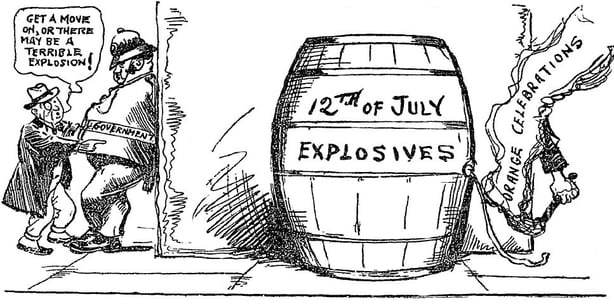 Cartoon suggesting the government are turning a blind eye to the potential of the Twelfth of July marches to cause violence. Photo: Sunday Independent, 4 July 1920