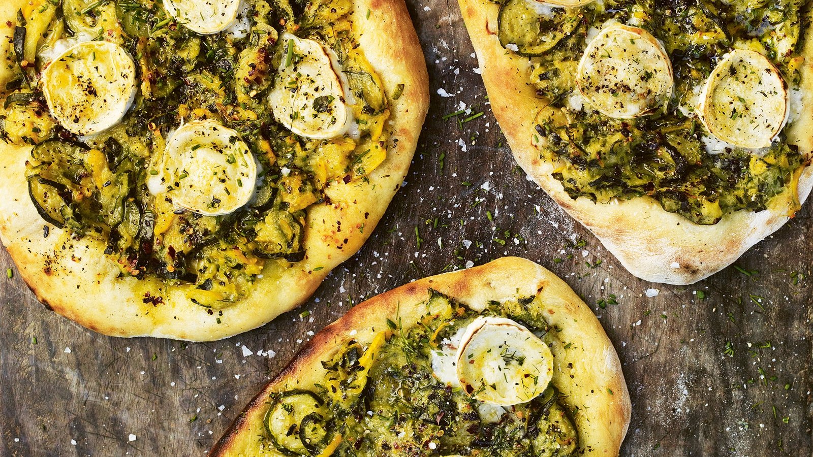Courgette flatbreads recipe with herbs and goat's cheese