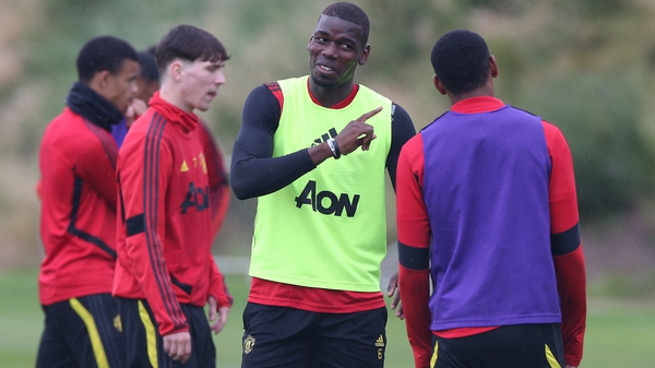 Paul Pogba having a laugh with his team-mates at a United training session during the week