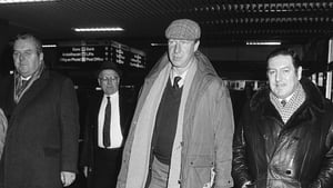 Arriving at Dublin airport on 11 February 1986, four days after his appointment as manager. He is accompanied by Des Casey and Joe Delaney (Picture credit: Ray McManus)