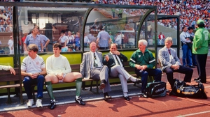 In the dugout ahead of the Netherlands game in Euro 88. Ireland were under 10 minutes away from the semi-final until Wim Kieft's late goal handed victory to the Dutch