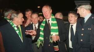 17 November 1993: Celebrating with Taoiseach Albert Reynolds and others in Dublin after coming through the often fraught 1994 World Cup qualification campaign
