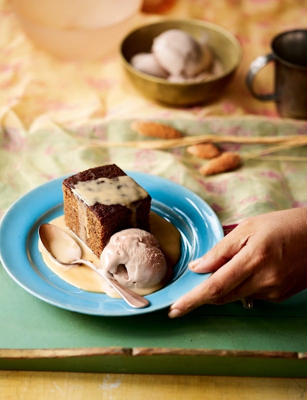 Banana cake with miso butterscotch and Ovaltine kulfi from Jikoni by Ravinder Bhogal (Kristin Perers/PA)