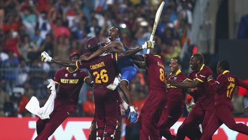 West Indies players celebrate victory over England in the ICC 2016 T20 World Cup final