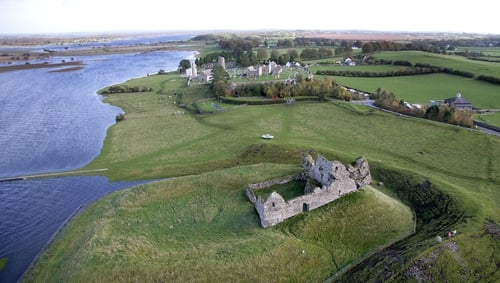 Aerial shot of the monastic settlement of Clonmacnoise, part of Paul Clements' journey along the Shannon banks.