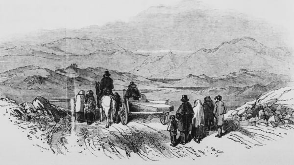 A funeral cortege at Shepperton Lakes, West Cork, Ireland during the Great Famine (aka the Irish potato Famine), 1847. Sketch by James Mahony. Originally published in The Illustrated London News, 13th February 1847 (Source: Getty Images)