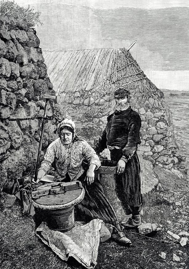 Engraving depicting sky crofters grinding corn using a hand mill or quern. Dated 19th century. (Photo by: Universal History Archive/Universal Images Group via Getty Images)