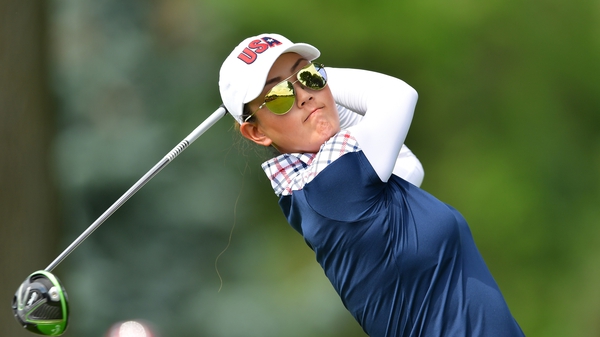 Michelle Wie of Team USA plays a shot during the final day singles matches of the 2017 Solheim Cup