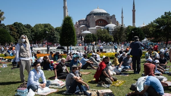 People gather outside the Hagia Sophia for Friday prayers