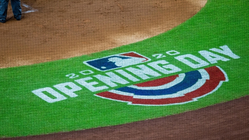 A logo Opening Day is painted on the field during a MLB baseball game on Saturday