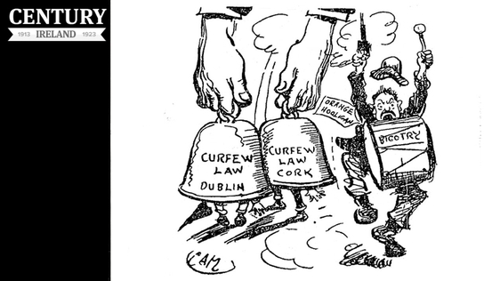 Century Ireland, Issue 184 - Cartoon pointing out that, while curfews have been implemented in Dublin and Cork, the violence in Belfast has not been deemed serious enough to warrant one
Photo: Sunday Independent, 1 August 1920