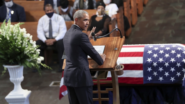 Barack Obama speaking during the funeral service of civil rights leader John Lewis
