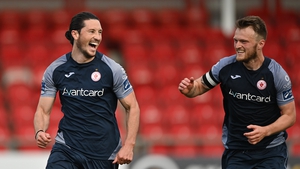 Ronan Coughlan of Sligo Rovers celebrates with team-mate David Cawley after scoring his side's second goal
