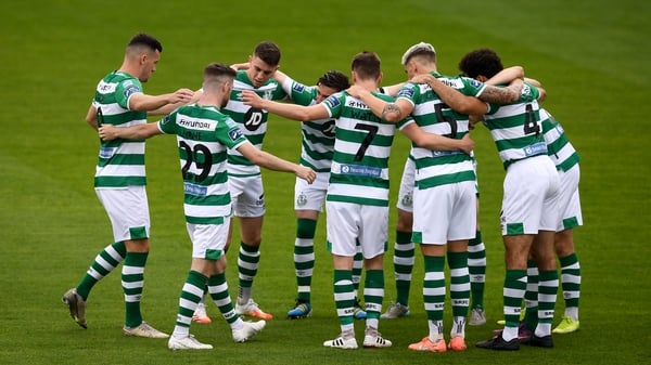Shamrock Rovers players ceebrate their win over Finn Harps to maintain their 100% start to the season
