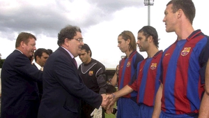 John Hume meeting Barcelona players prior to a friendly between Derry City and Barca at the Brandywell in 2003