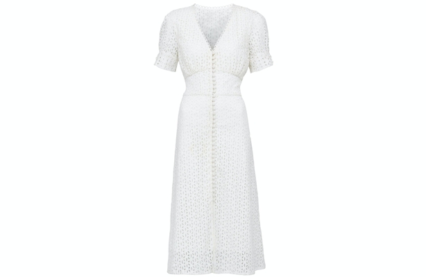 Michelle Keegan Broderie Button Through Midi Dress in Ivory, £45, Very