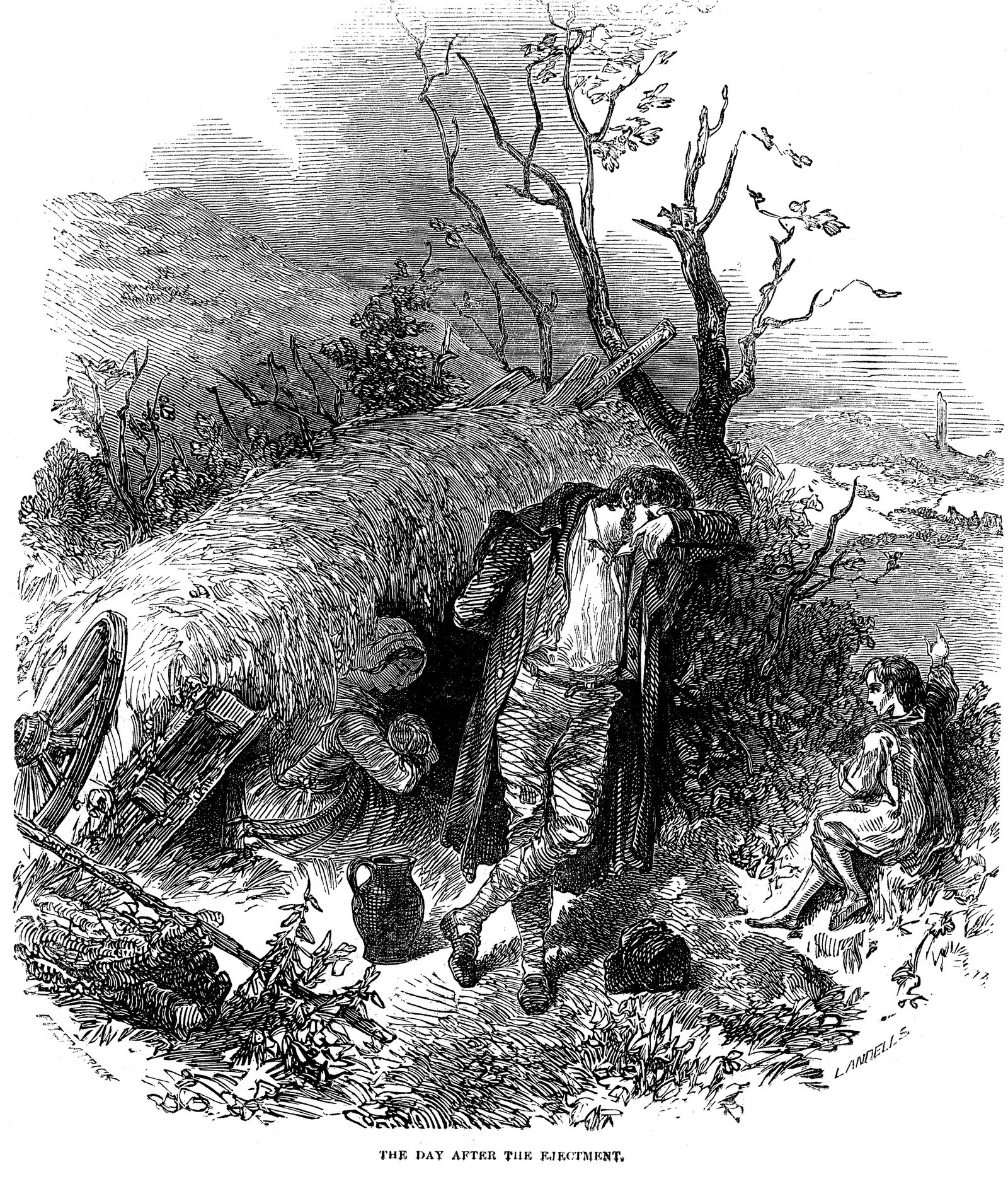 Image - An evicted family finding shelter in a hedgerow the day after eviction from their cottage. From The Illustrated London News, December 1848. Wood engraving. Source: Ann Ronan Pictures/Print C