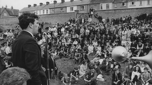 John Hume addressing a Catholic meeting at the Celtic Park football ground in Derry in August 1969.