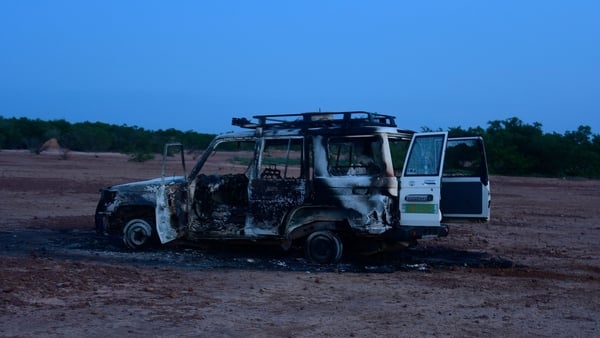 Wreckage of the car found after eight people were killed by unidentified gunmen in Niger