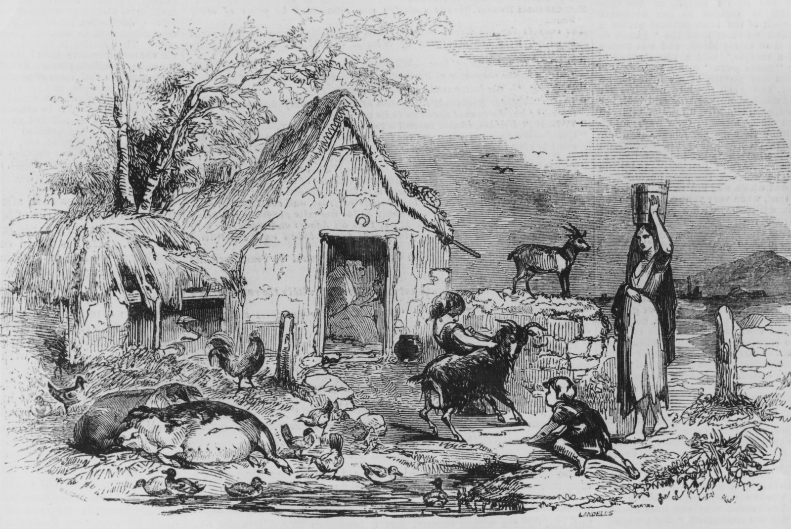 Image - A woman and children with their livestock outside a peasant dwelling in Leinster in 1843. Originally published in the Illustrated London News, 12th August 1843. Source: Illustrated London News/Hulton Archive/Getty Images