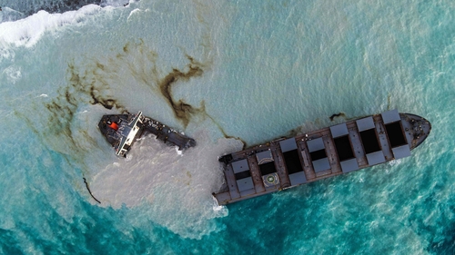 The MV Wakashio bulk carrier that had run aground and broke into two parts near Blue Bay Marine Park, Mauritius