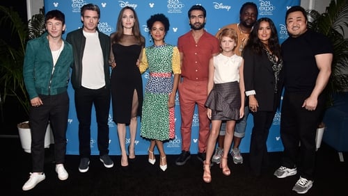Barry Keoghan (far left) and his Eternals co-stars at Disney's D23 EXPO 2019 in California