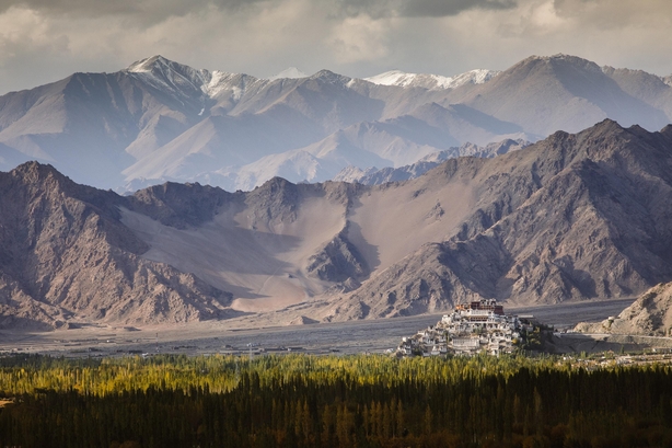 Mountains in the Indus Valley, Northern India, with a view of the 15th century Buddhist monastery Thiksey Gompa