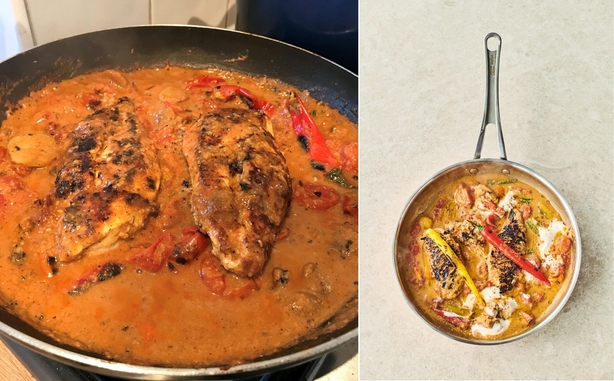 Ella Walker's attempt at Jamie Oliver's my kinda butter chicken (L) and Oliver's version (R) (Ella Walker/Levon Biss/PA)