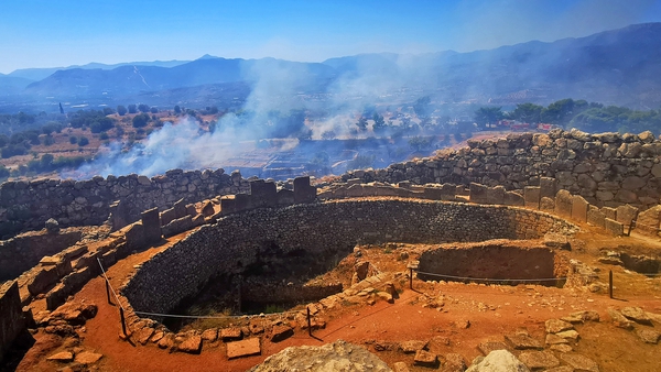 Smoke has covered the Bronze Age archaeological site of Mycenae, Peloponese, Greece, after a fire broke out near there today
