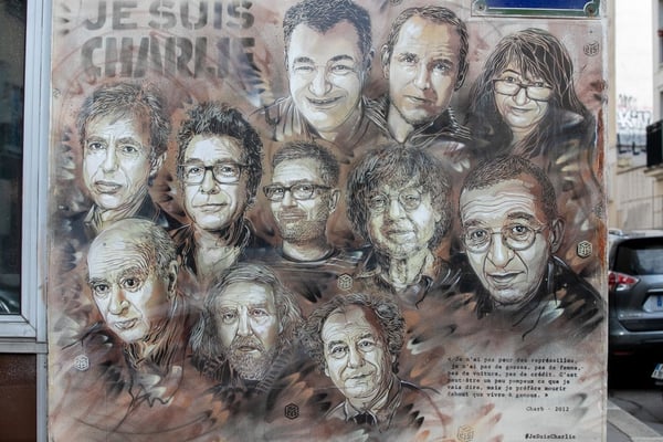 A tribute in Paris to staff members at Charlie Hebdo killed in January 2015