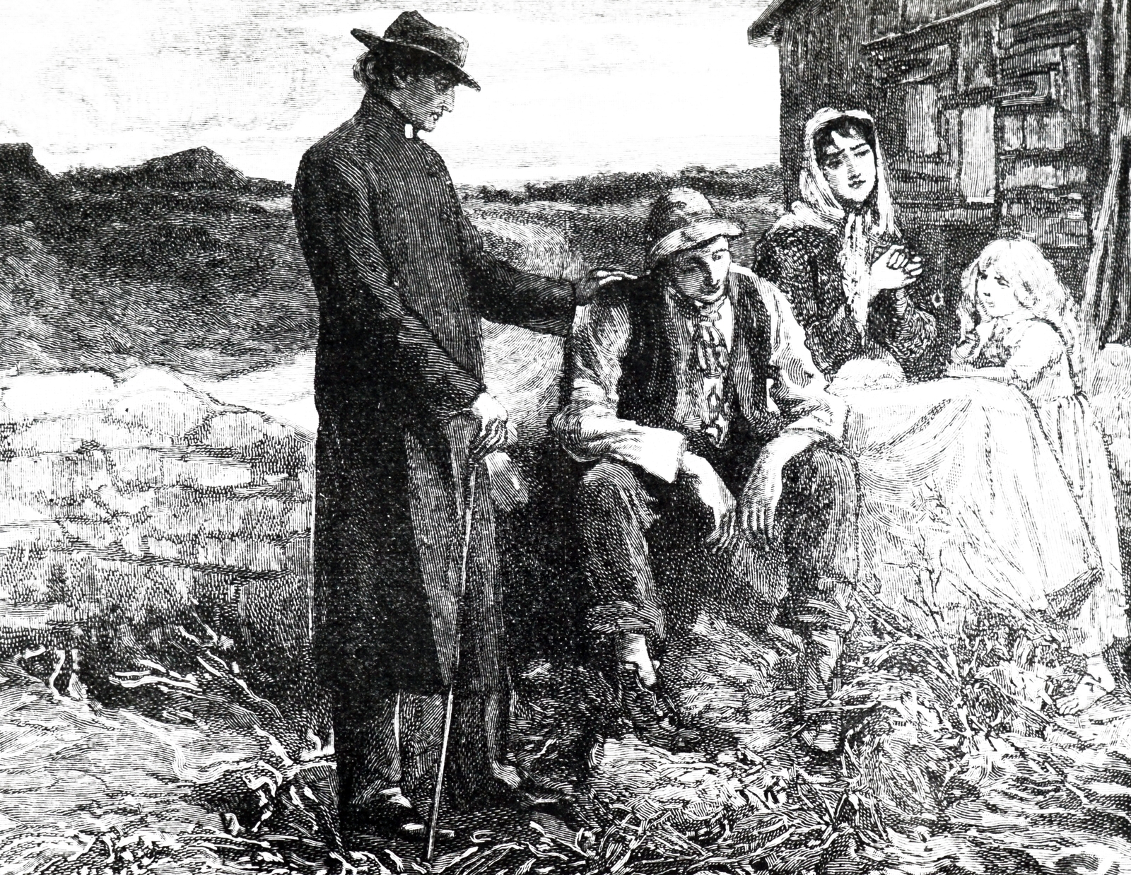 Image - An engraving depicting Father Mathew (Theobald Mathew 1790-1856) comforting a starving family during the Famine. Source: Universal History Archive/Universal Images Group via Getty Images