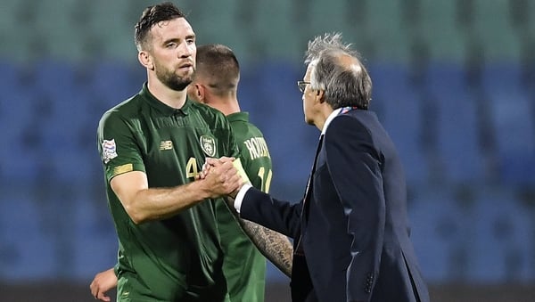 Shane Duffy (L) with Bulgaria manager Georgi Dermendzhiev at the final whistle