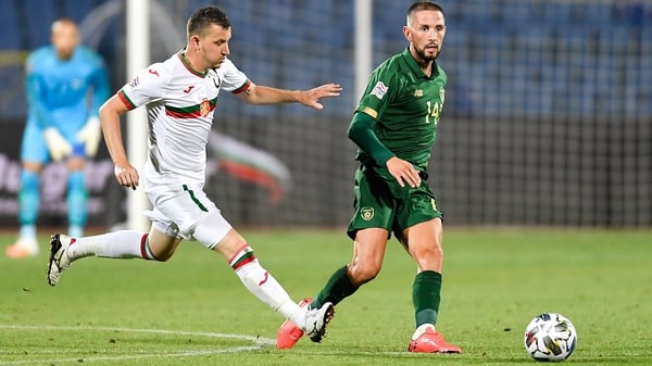 Conor Hourihane gets his pass off in Sofia before Todor Nedelev can intervene