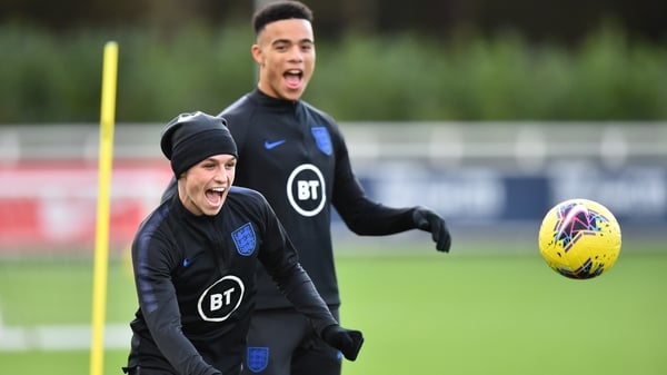 Phil Foden and Mason Greenwood have a lark while training with the England U-21s last November