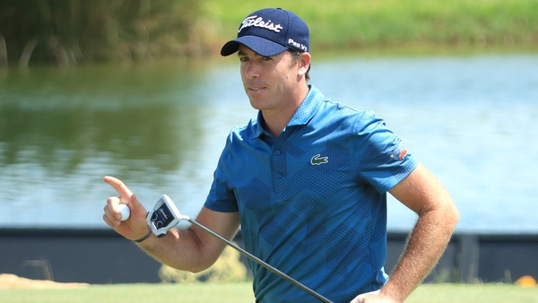 Julien Guerrier of France reacts on the 18th green