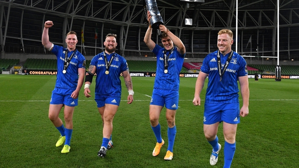 Leinster players (L-R): Rory O'Loughlin, Andrew Porter, Garry Ringrose and James Tracy with the Guinness PRO14 trophy