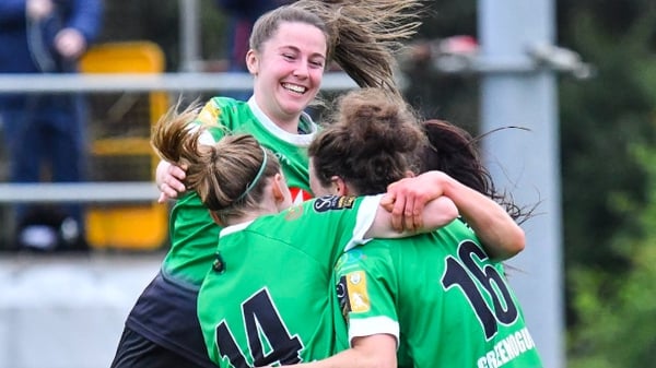 Peamount United players celebrate with Karen Duggan (No 16) following her goal