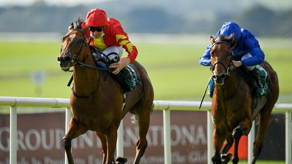 Declan McDonogh pushes Thunder Moon clear to win the National Stakes