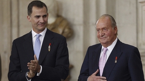The then Prince Felipe of Spain and his father King Juan Carlos at the abdication ceremony at the Royal Palace, Madrid June 18, 2014