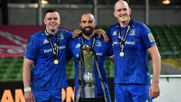James Ryan, Scott Fardy and Devin Toner celebrate the with over Ulster with the Guinness Pro14 trophy