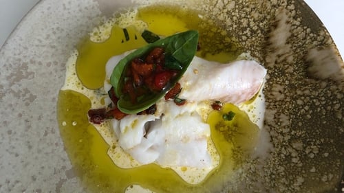 Rory's Salted Hake with Roast Pepper and Basil Oil