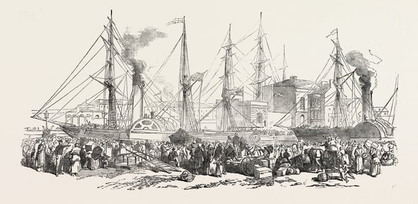 Departure Of The Nimrod And Athlone Steamers from Ireland, with emigrants on board, for Liverpool, UK, 1851. Source: Universal History Archive/Universal Images Group via Getty Images)