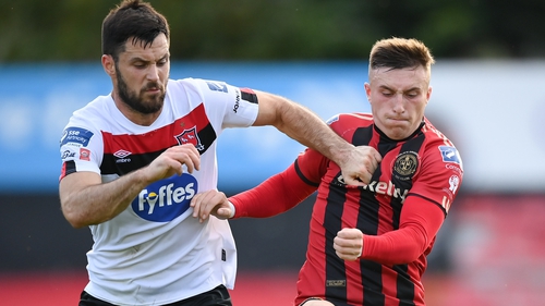 Danny Grant of Bohemians (R) battles with Dundalk's Patrick Hoban during their league clash in August