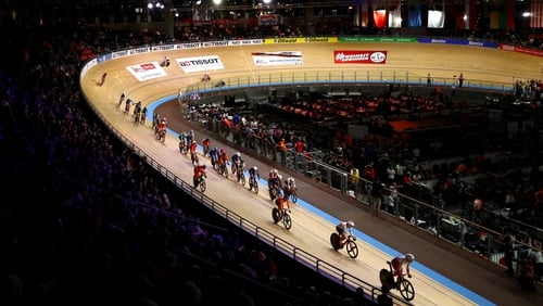 Riders in action at the 2020 UCI Track Cycling World Championships at the Berlin Velodrom